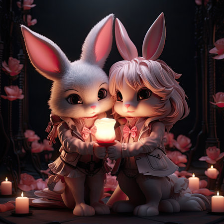 Cute bunny couple holding a candle in their hands.の素材