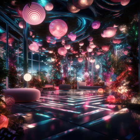 the interior of a night club with neon lightsの素材