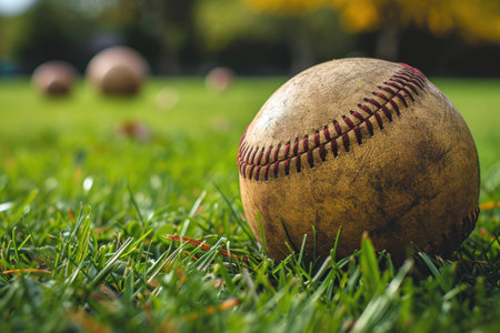 Baseball on green grass with blurry background, soft focus and vintage toneの素材