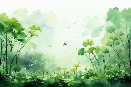 Watercolor background with green leaves and butterfly.の素材