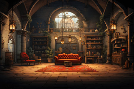 Fantasy interior with sofa, bookshelf and armchair.の素材