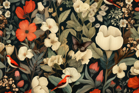 floral pattern with poppies, cornflowers and birds.の素材