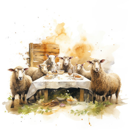 Watercolor hand drawn illustration of a table with sheeps and foodの素材