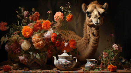 Vintage still life with a camel, tea, flowers and a potの素材