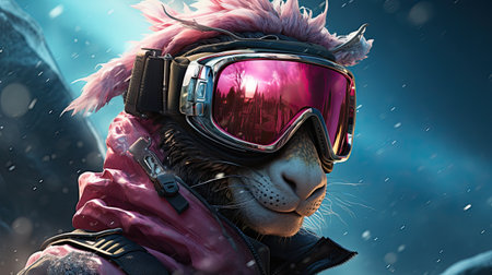 Monkey wearing a helmet and goggles. Extreme winter sports concept.の素材