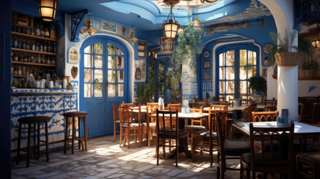 Restaurant with blue walls, wooden tables and chairs, nobodyの素材