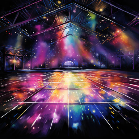 Stage lights and spotlights on a concert stage.の素材