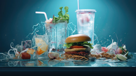 Burger with ice cubes and a glass of water on blue backgroundの素材