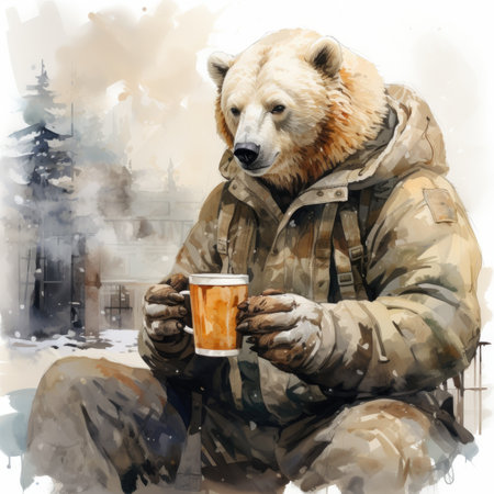 Watercolor Polar bear with a cup of coffee in his hand.の素材