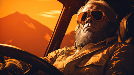 Hipster pilot in the cabin of a helicopter at sunset.の素材