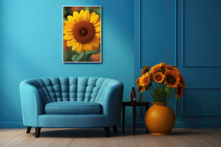 Blue sofa with sunflowers in vase on blue wall backgroundの素材