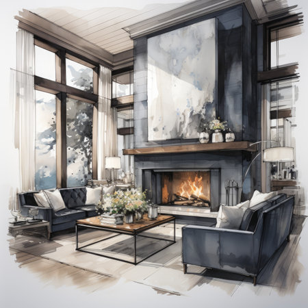 Watercolor Modern living room with fireplace and armchairs.の素材