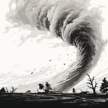 Vector illustration of a natural disaster with a tornado in the sky.の素材