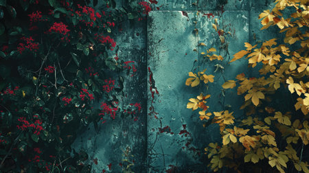 colorful autumn leaves on grunge blue wall, vintage tonedの素材