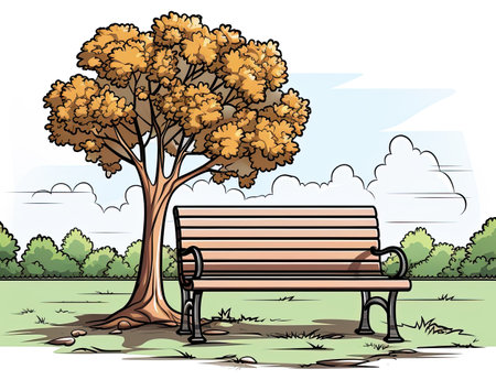 Bench in the park on a background of trees.の素材