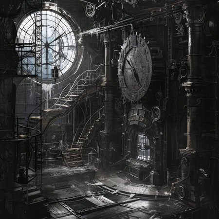 Abandoned factory interior with clock and gears.の素材