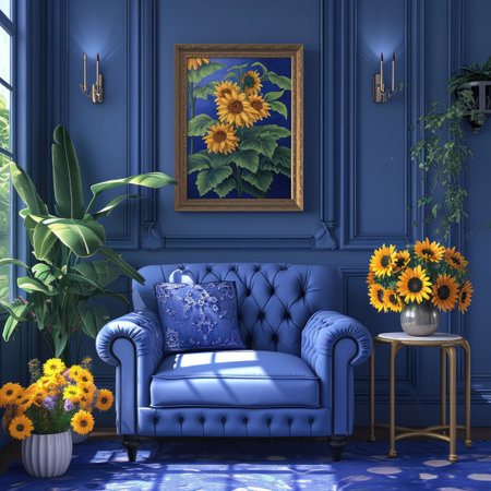 Blue living room interior with blue armchair and sunflowersの素材