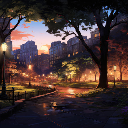 a city street at sunset with trees, lanterns and buildingsの素材