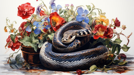 snake in a vase with flowers on a white background.の素材
