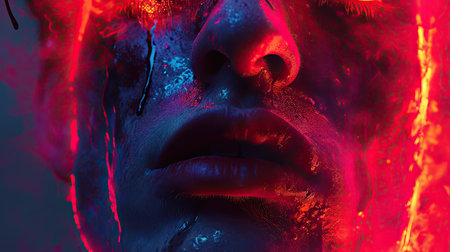 Close-up portrait of a woman's face painted in red and blue paint. Beauty, fashion.の素材