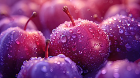 Ripe red cherries with water drops close-up macro photographyの素材