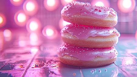 Donuts with pink glaze on a wooden background with bokehの素材