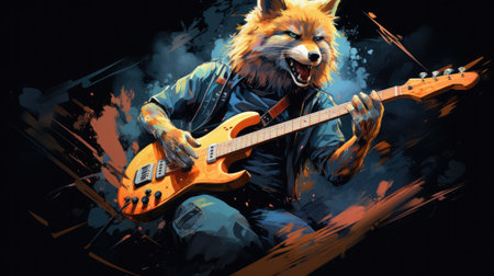 a fox playing the electric guitar on a grunge backgroundの素材
