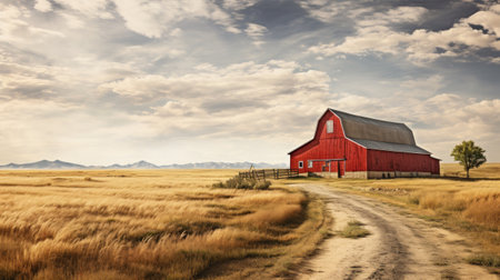 Red Barn in the Rural Landscape with a Dirt Road and Cloudy Skyの素材