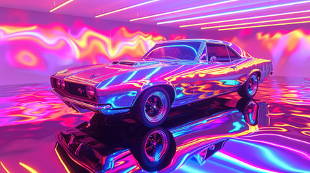 a brand-less generic car in neon lightの素材