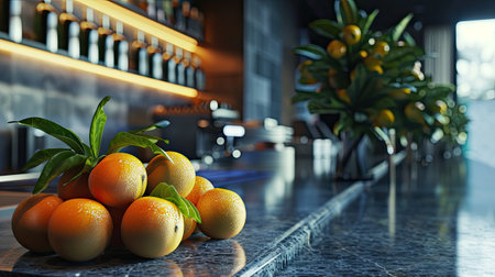 Tangerines with green leaves on a marble counter in a barの素材