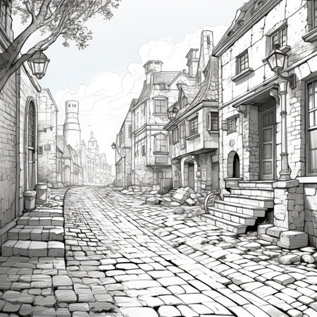 Cartoon sketch of a street in the old townの素材