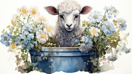 a lamb in a pot with flowers. Vintage backgroundの素材