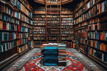 Bookshelves in a library.の素材