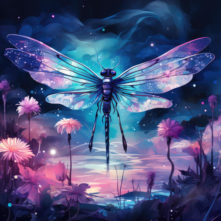Dragonfly on the background of a night sky with clouds and flowers.の素材