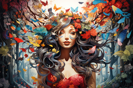 Beautiful girl with long hair in a fairy forest.の素材