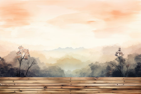 Wooden floor against misty landscape with pine trees and mountains at sunriseの素材