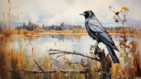 a crow sitting on a dry branch on a lakeの素材