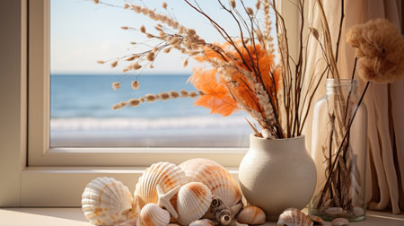 Composition with sea shells and dried flowers on window sill near seaの素材