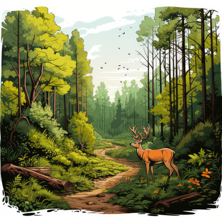 Nature background with forest and wild deer.の素材