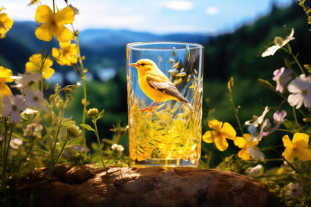 Bird in glass with wildflowers and mountain landscape in the backgroundの素材