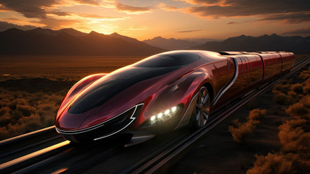 a high speed car on a highway at sunsetの素材