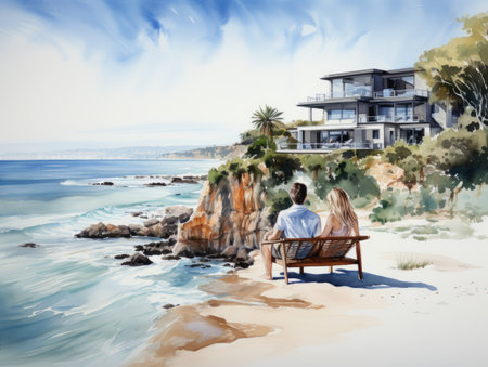 Couple sitting on a bench in front of a house on the beachの素材