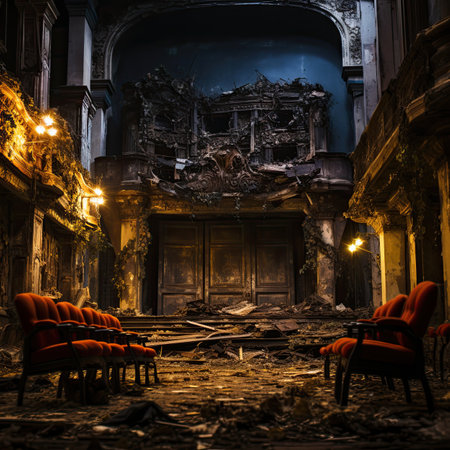 Interior of an abandoned building in the night.の素材