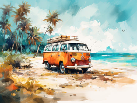 Watercolor Vintage camper van on the beach.の素材