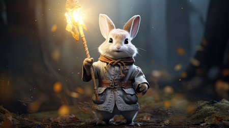 Rabbit in the forest with a burning torch in his hand.の素材