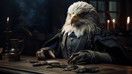 Bald eagle sitting at the table in a dark room with burning candlesの素材