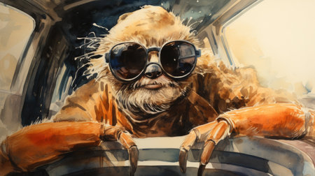 a dog in sunglasses sitting in a car.の素材