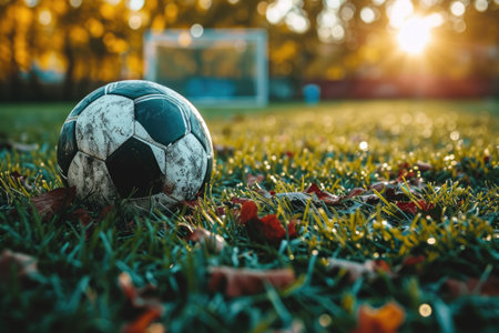 Soccer ball on the grass in the park at sunset. Selective focus.の素材