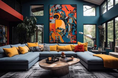 Interior of modern living room with blue sofa and orange pillowsの素材