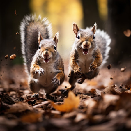Two funny squirrels playing in autumn forest. Animals in nature.の素材